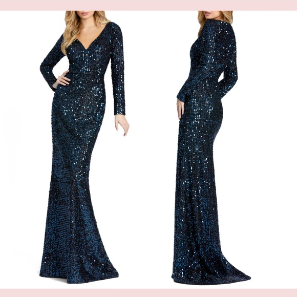 NEW $398 IEENA Mac Duggal [ 16 ] Long Sleeve Sequin Trumpet Gown Midnight‎ - Picture 1 of 14